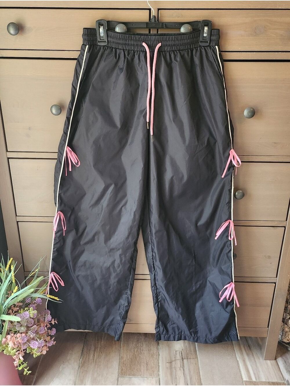 Black Nylon Track Pants with Pink Drawstrings and pink  Side bows Size Large